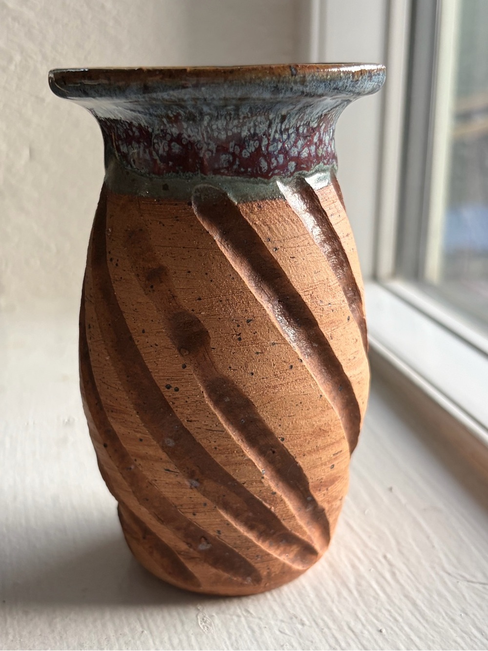 Handcrafted Studio 4.5” Pottery Bud Vase Carved Spiral Pattern Drip Glaze Rim